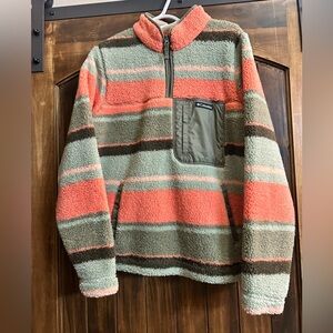 Columbia Women’s 1/4 Zip Up Sherpa Pullover - Coral and Green Stripes